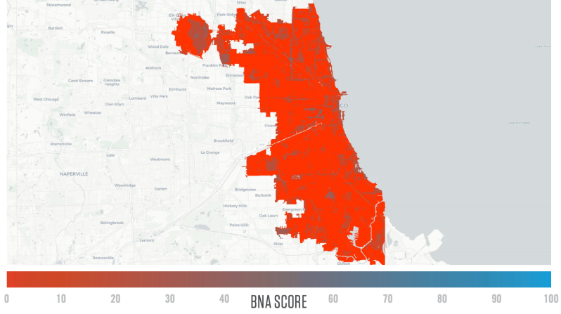Chicago's Bike Network Analysis rating for 2020. PFB considers 30 mph streets to be unsafe for biking, so basically all of Chicago was shown as non-bike-friendly. Apparently, some of the runways at O'Hare and Midway airports are pretty bikeable though.