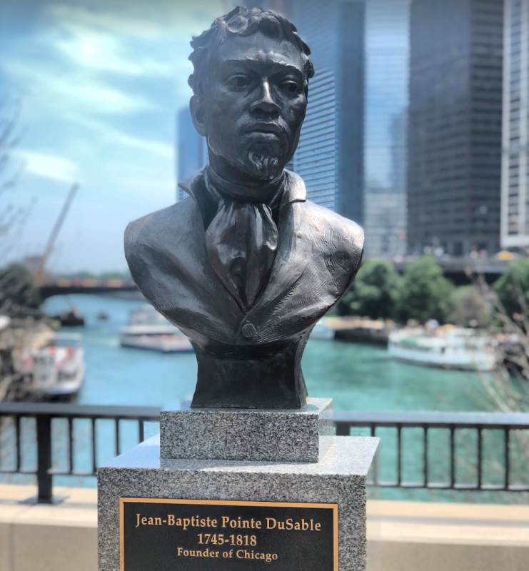 Bust of Point du Sable by the Michigan Avenue bridge, near the site of his trading post. Photo: Mark Dossous