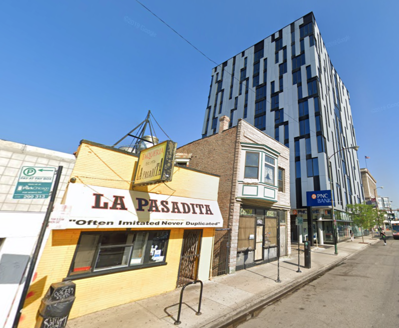 La Pasadita is located just south of the Blue Line as well as the 1611 Division tower, Chicago's first TOD. Image: Google Maps