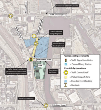 The transportation plan for the venue shows acres of possible event parking (blue.)