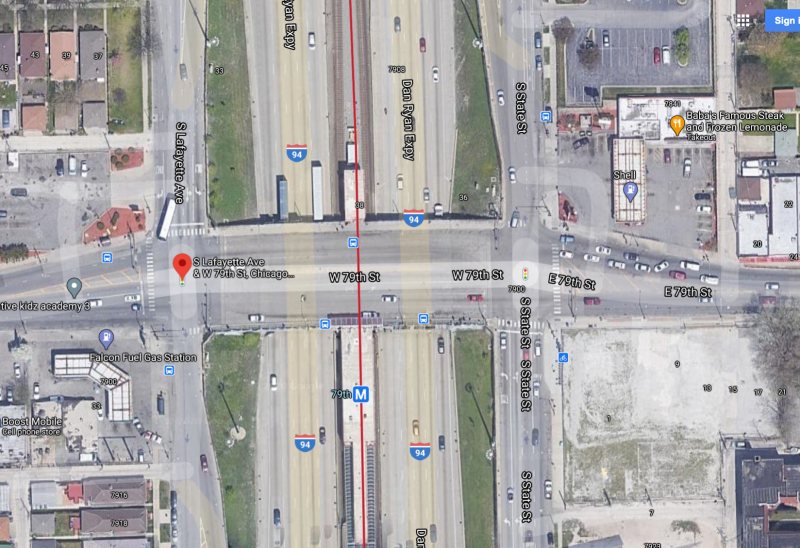An aerial view of the 79th/Lafayette intersection, next to the Dan Ryan and a Red Line station. Image: Google Maps