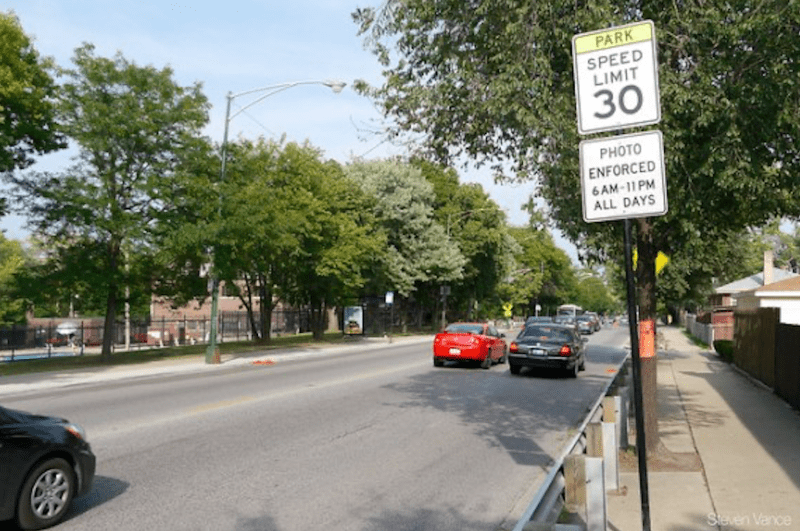 A speed camera location on Foster Avenue near Gompers Park. Photo: Steven Vance