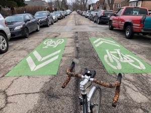 Neighborhood greenway markings on 98th Street near Vincennes in Washington Heights. Photo: John Greenfield