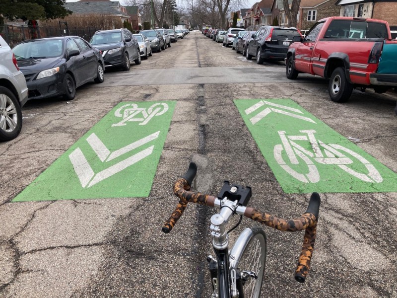 Neighborhood greenway markings on 98th Street near Vincennes in Washington Heights. Photo: John Greenfield