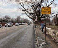 A speed camera warning sign on Irving Park Road on the border of Lakeview and Uptown. Photo: John Greenfield
