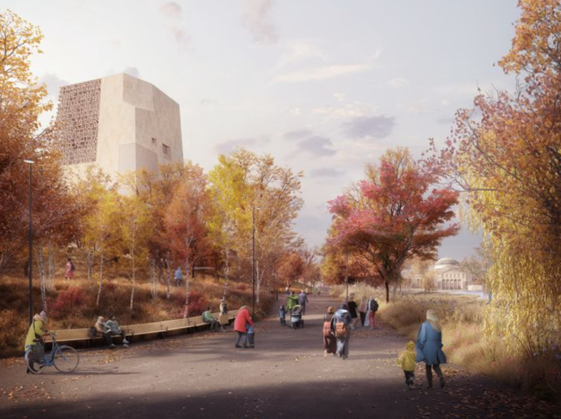 Rendering of a pedestrianized street on the Obama center site.