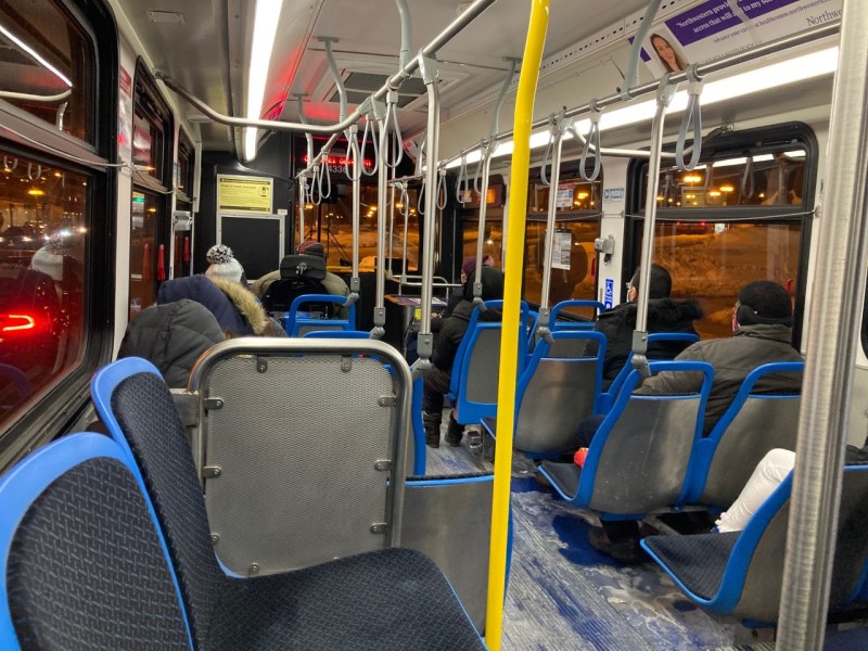A #6 Jackson Park Express bus heads downtown. Commuting via CTA bus increased slightly last month, as winter weather made walking and biking more challenging. Photo: John Greenfield