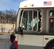 A CTA bus driver on Sheridan Road early in the pandemic. Photo: John Greenfield
