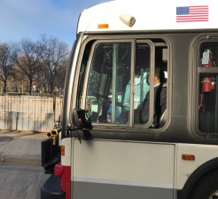 A CTA bus driver on Sheridan Road early in the pandemic. Photo: John Greenfield