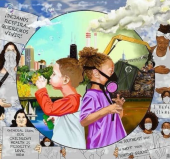 Artwork by Sergio Maciel shows a tale of two cities: one child blows bubbles with clear skies, while another child has a gas mask on to shield her from polluted air. Image via Friends of the Parks