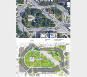 The current layout of the Logan Square traffic circle and the remix. Images: Google Maps, CDOT