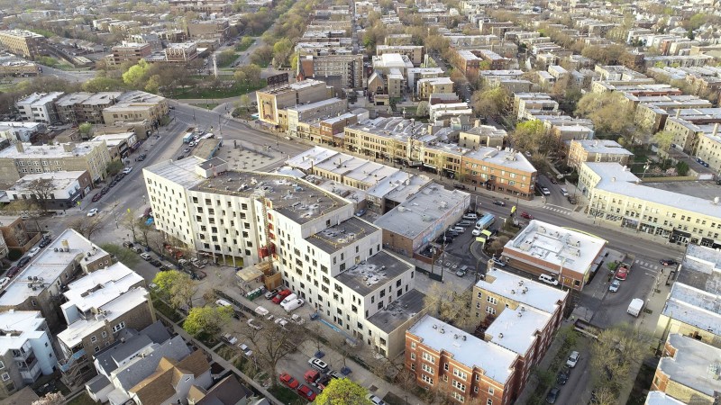 An all-affordable transit-oriented development is currently being completed next to the Logan Square Blue Line station. Photo: Bickerdike Redevelopment Corporation