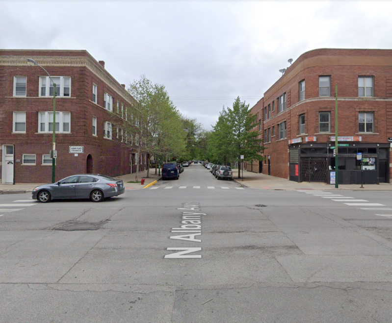 The intersection of Diversey and Albany, looking north, as it appeared in May 2019. The crosswalks have reportedly faded since then. Image: Google Maps