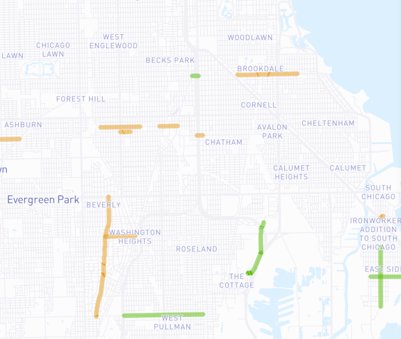 Locations where CDOT has indicated it will be striping bikeways (brown) and installing bike lanes with bollards (green) this year. Image: Paul Esling
