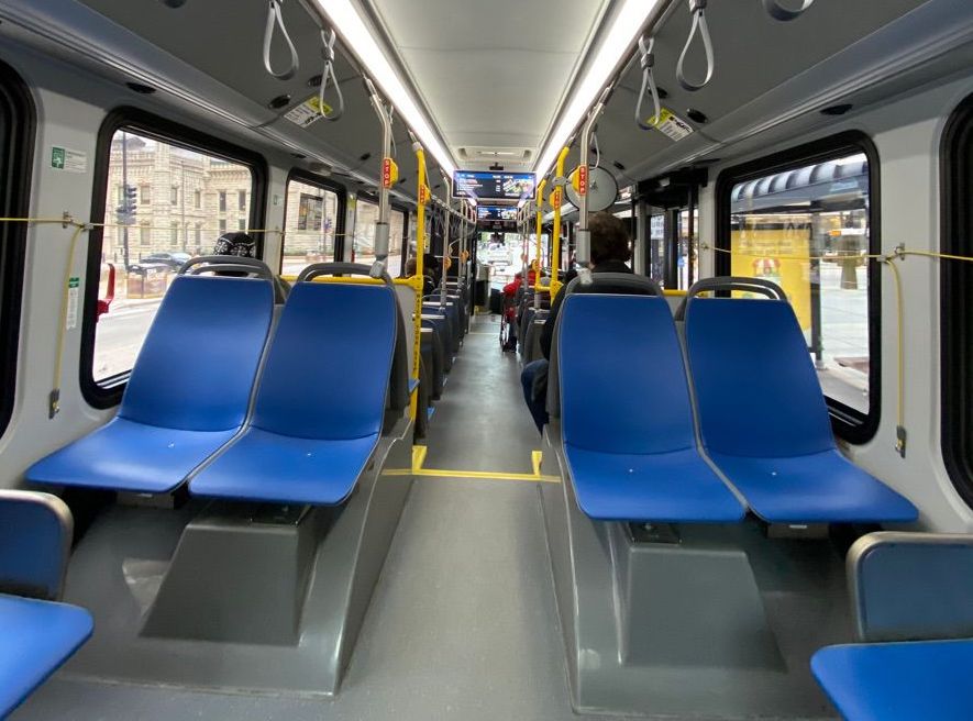 Unlike on typical CTA buses, the e-buses have seats that face backwards. Photo: Mia Park