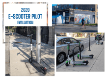 A collage of 3 images of scooters, and the cover page of Chicago's 2020 scooter evaluation report