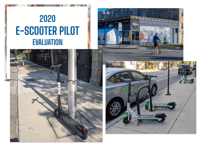 A collage of 3 images of scooters, and the cover page of Chicago's 2020 scooter evaluation report