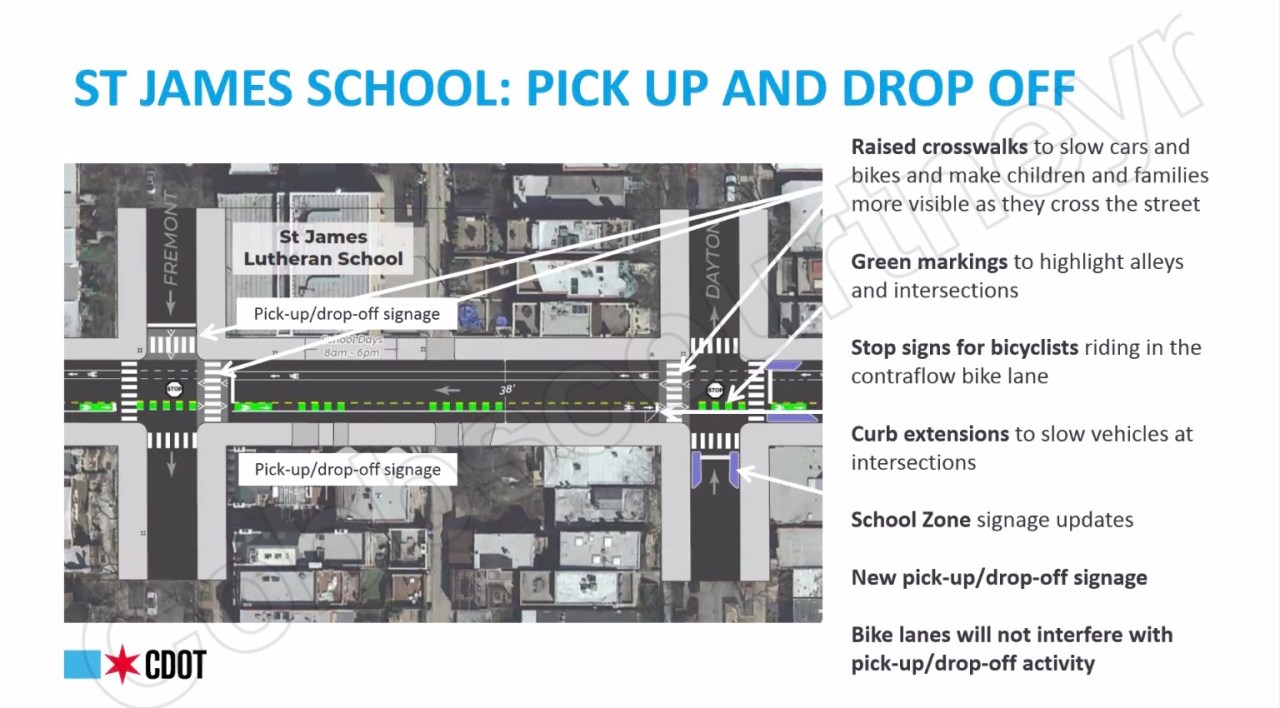 A slide from CDOT's presentation showed proposed street markings and the locations of raised crosswalks on Dickens Avenue where St. James Lutheran School is located.