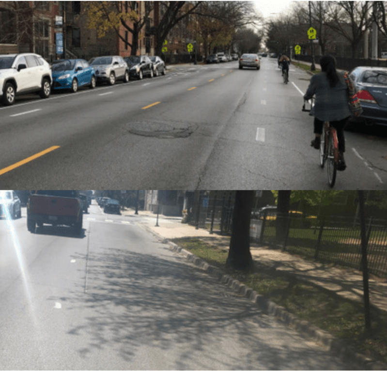 The Damen advisory bike lanes last November and last week. Photos: John Greenfield and Courtney Cobbs