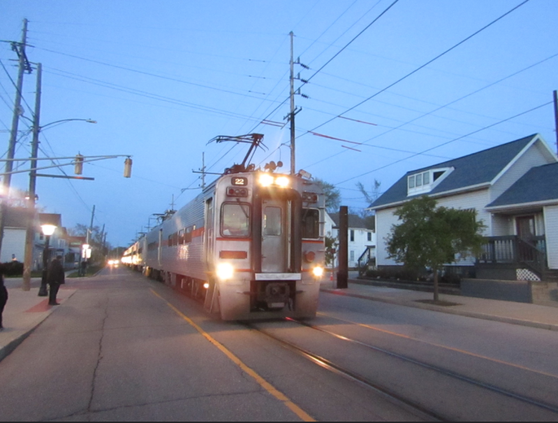 The last westbound street-running train out of Michigan City's 11th Street station. Photo: Igor Studenkov