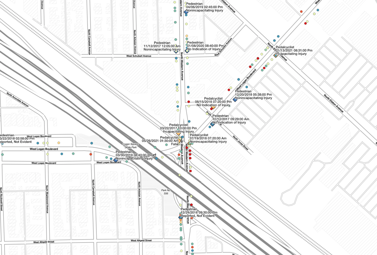 Traffic crashes in the vicinity of Logan/Western between 1/20/16 and 5/26/21. Blue diamonds are bike crashes and light orange diamond are pedestrian crashes. Image: Steven Vance