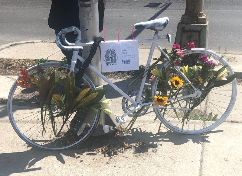 Ghost bike for Kevin Clark installed last Saturday at the Logan/Western crash site. Photo: Courtney Cobbs