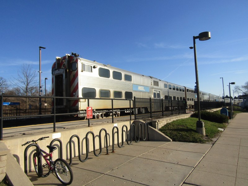 An Inbound BNSF Line train waits at Aurora Transportation Center in late March. Photo: Igor Studenkov