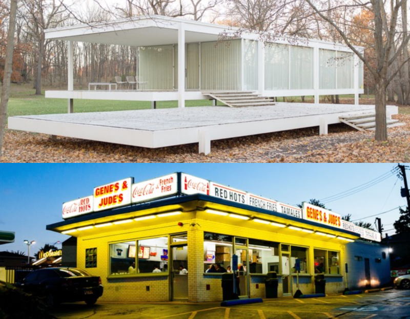 Farnsworth House in Plano, and Gene & Jude's in River Grove.