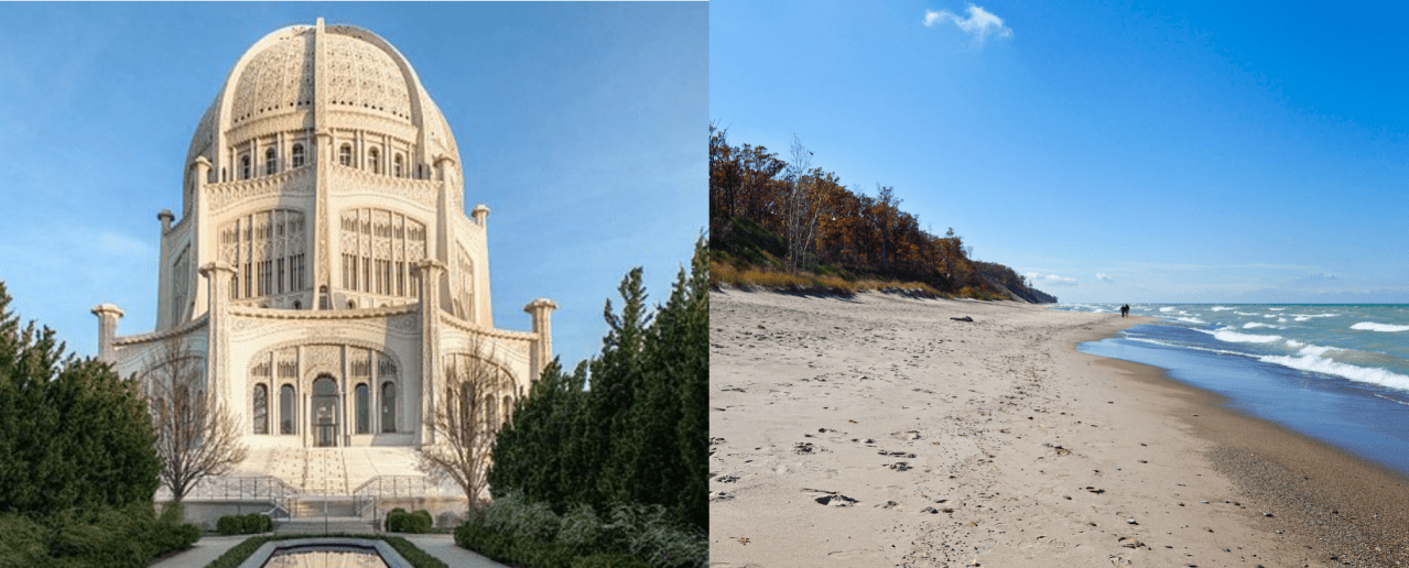 The Baháʼí House of Worship in Wilmette, and Indiana Dunes National Park.