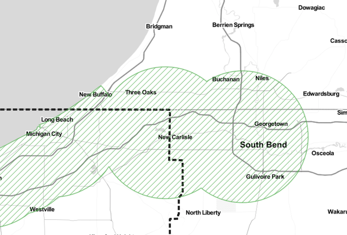 Sorry, but according to my definition, these parts of Indiana and Michigan east and north of the time zone line are not in Chicagoland. Map: Steven Vance