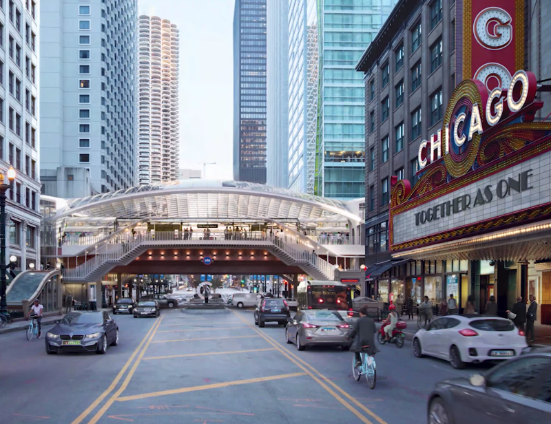 Rendering of the station, looking north from the Chicago Theater.