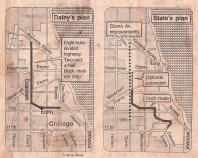 Proposed routes for the Crosstown Expressway. The image on the left was the layout protesters fought against. Images: Chicago Tribune via transportation historian Andrew Plummer