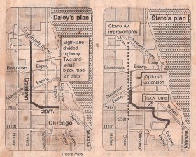 Proposed routes for the Crosstown Expressway. The image on the left was the layout protesters fought against. Images: Chicago Tribune via transportation historian Andrew Plummer