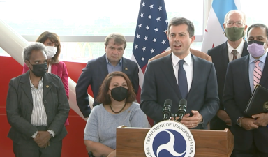 Buttigieg speaks at Friday's press event.