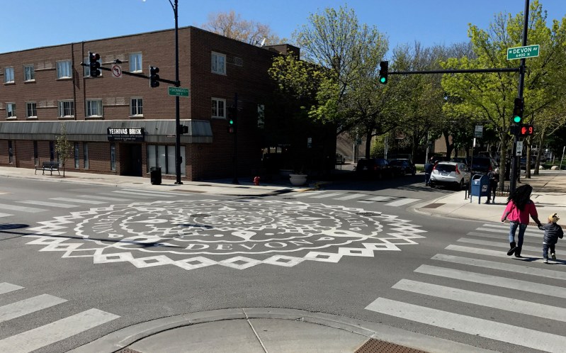 A decorative intersection design at Devon/Sacramento in West Ridge. Photo: John Greenfield