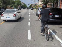 New dashed bike lanes on Armitage Avenue in Logan Square. Photo: Michael Burton