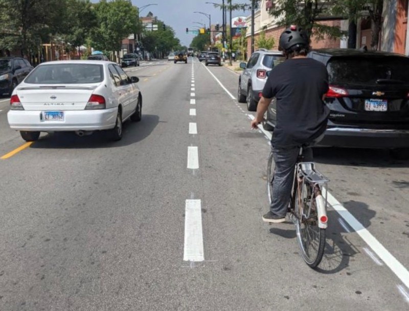New dashed bike lanes on Armitage Avenue in Logan Square. Photo: Michael Burton