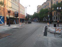 New curb extensions at Surf/Broadway last week, looking north. A new crosswalk and  flashing beacons will be added.