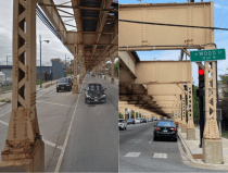 Roger Romanelli's idea to spend $1.8 billion to move 'L' pillars from the street to the sidewalk and raise the tracks would make driving easier, but do nothing to improve train service. Images: Google Maps, John Greenfield