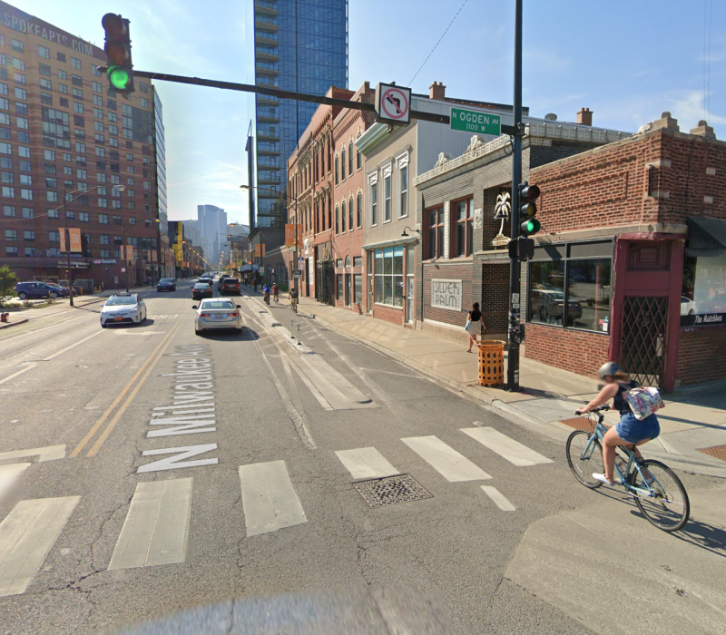 There are ways to cope with the parking deal, like when new diagonal spaces were created on side streets to allow for the construction of protected bike lanes on Milwaukee Avenue in River West. But we shouldn't have to. Image: Google Maps