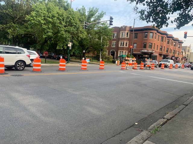 Barrels placed down the center of California at Logan. Photo: Sharon Hoyer