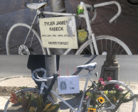 Ghost bikes for Tyler Fabeck and Kevin Clark at Logan/Western. It's clear we can't wait any longer for safety improvements here. Photos: Andrew Bedno, Courtney Cobbs