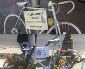 Ghost bikes for Tyler Fabeck and Kevin Clark at Logan/Western. It's clear we can't wait any longer for safety improvements here. Photos: Andrew Bedno, Courtney Cobbs