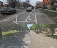Independence Boulevard before and after protected bike lanes were downgraded to buffered lanes. Images: John Greenfield, Google Maps