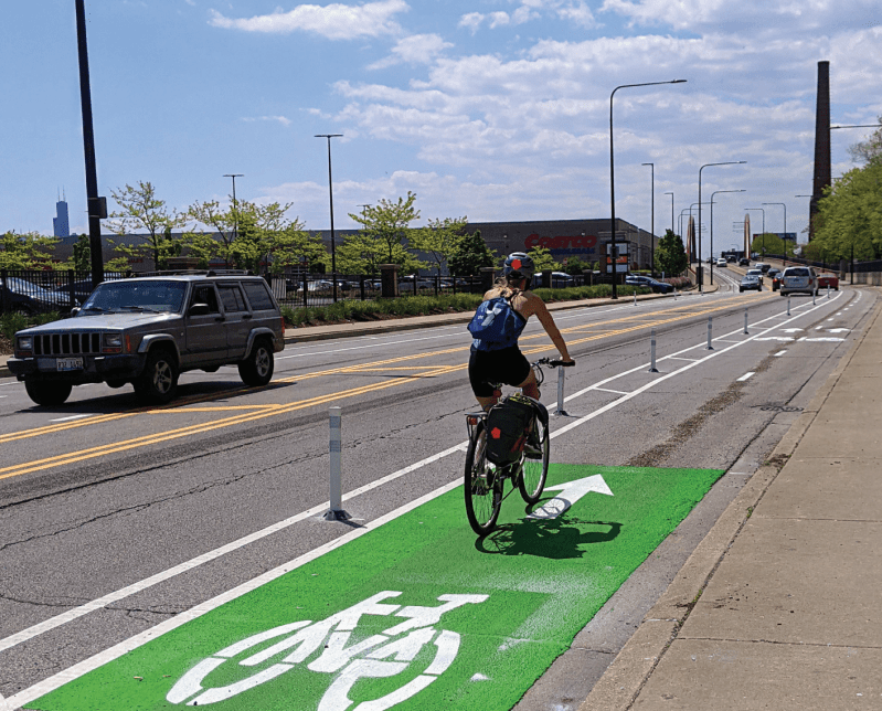The new protected bike lane on Damen between Fullerton and Diversey. Photo: CDOT