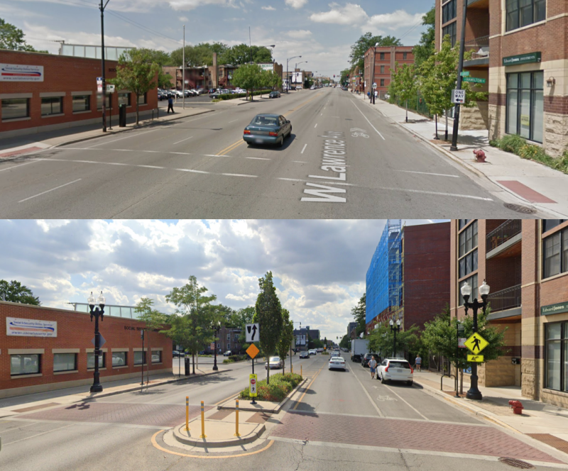 Lawrence Avenue in Ravenswood before and after a four-to-three conversion road diet with bike lanes, pedestrian islands, and wider sidewalks. Road diets are an effective strategy to reduce traffic deaths. Images: Google Maps