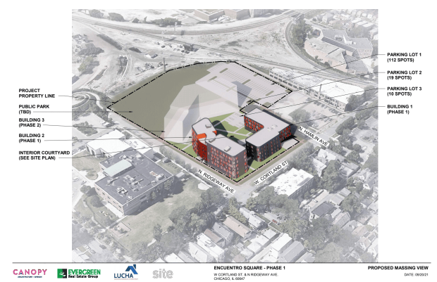 An aerial rendering of the proposed Encuentro Square development in Logan Square.Credit: LUCHA