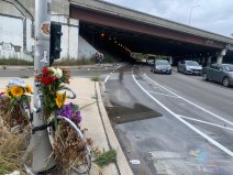 One of the new bike lanes next to the ghost bike memorial for Kevin Clark. Photo: Sharon Hoyer