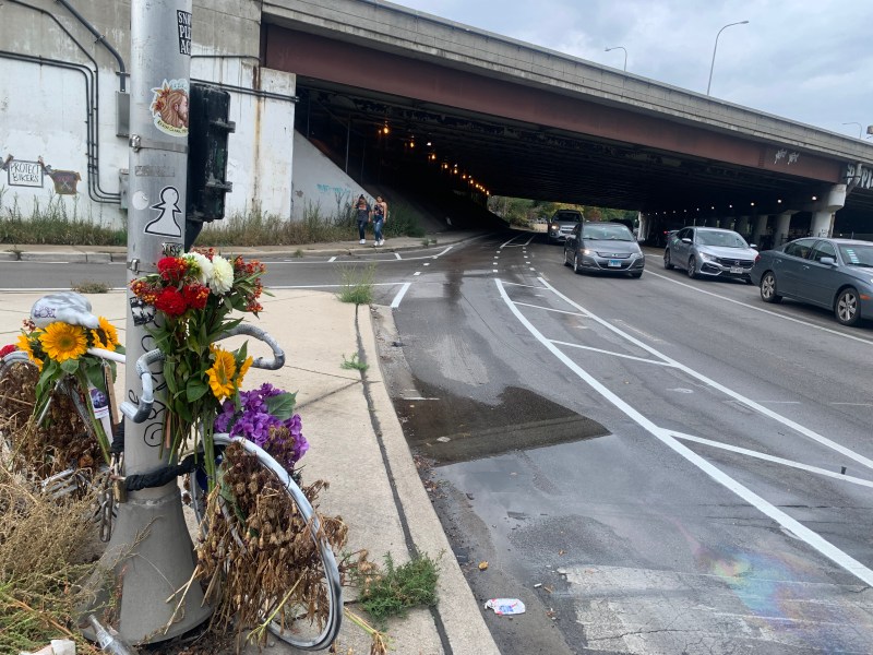 One of the new bike lanes next to the ghost bike memorial for Kevin Clark. Photo: Sharon Hoyer