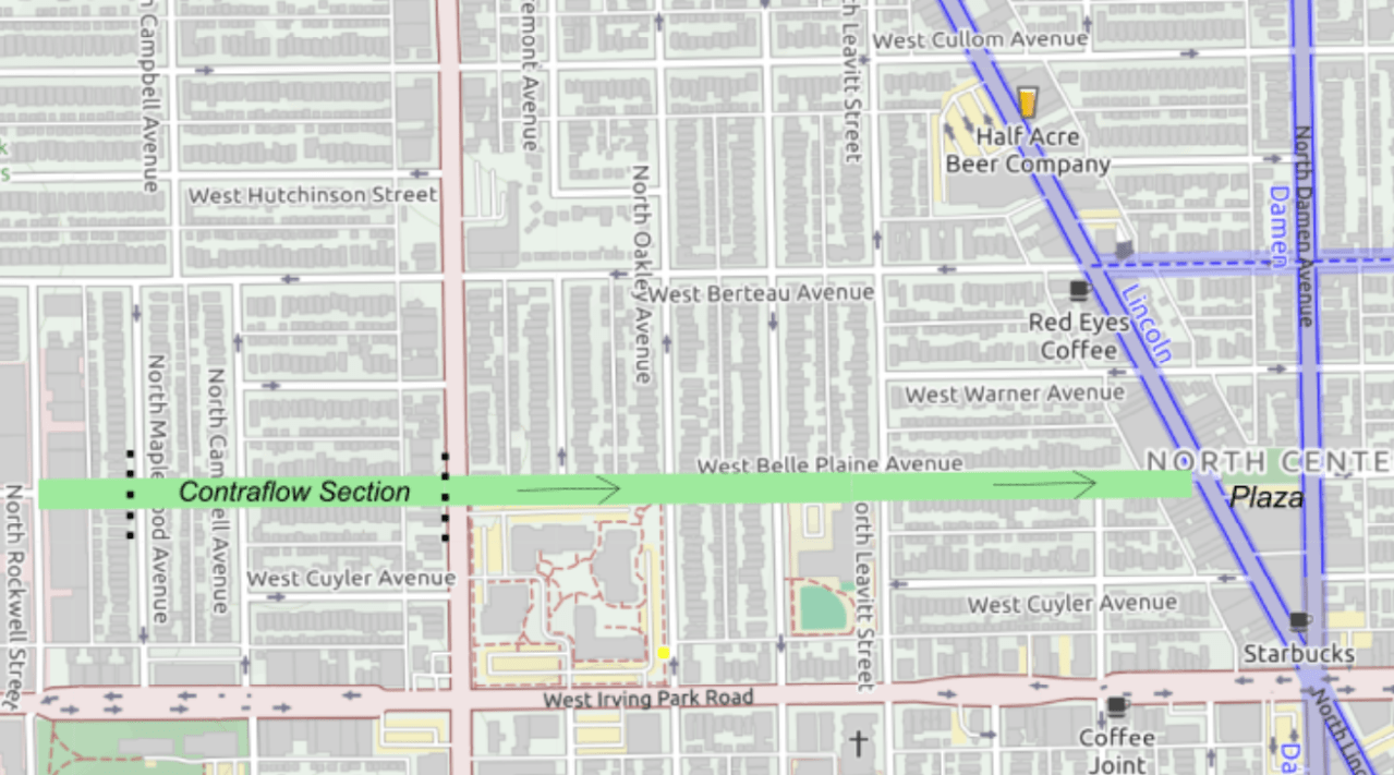 Edler's proposal. for a contraflow eastbound bike lane on Belle Plaine.